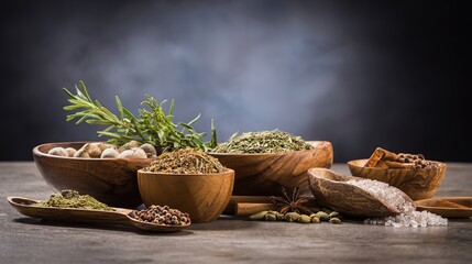 taste. Artisanal collection of dried herbs and spices in wooden bowls, emphasizing natural culinary ingredients. menu design.