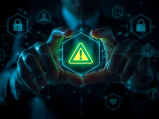 Cybersecurity warning symbol glowing brightly in futuristic digital hands