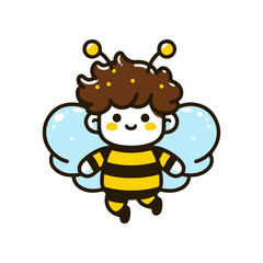 Cute cartoon character resembling a bee with curly hair and blue wings, smiling joyfully