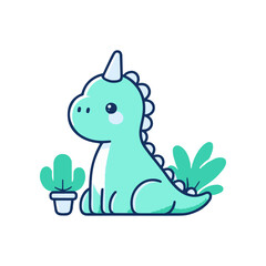 Cute cartoon dinosaur with a tear sitting next to a potted plant in a whimsical garden setting