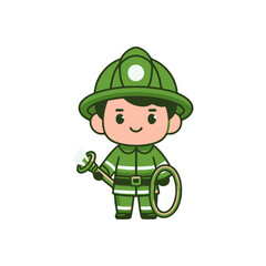 Cute cartoon firefighter holding a hose, ready for action in a bright, playful setting