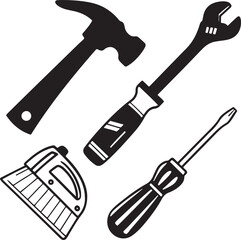 An assortment of essential tools, rendered in a simple yet bold style, creates an appealing illustration that showcases both craftsmanship and utility.