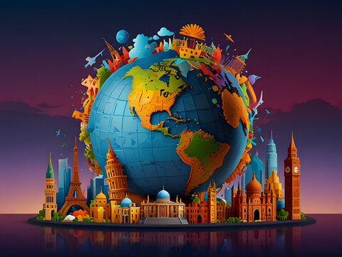 Globe surrounded by famous landmarks, diverse travellers exploring, vibrant colors, celebration of world tourism day