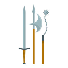 Collection of Medieval Weaponry Sword, Halberd, and Mace. A Detailed Illustration. Combat ready
