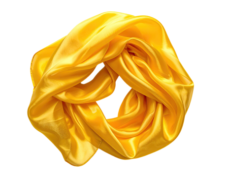 Golden silk scarf, draped in a circle against a black background