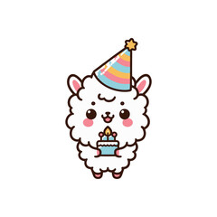 Cute cartoon llama wearing a party hat, holding a birthday cake with a candle, celebrating joyfully