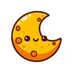Cute cartoon moon with a smiling face and bite taken out, set against a simple white background