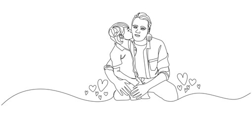 One line art illustration of a child kissing their father on the cheek while sitting together, surrounded by heart symbols