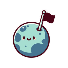 Cute cartoon moon character with a flag, smiling joyfully, against a simple white background