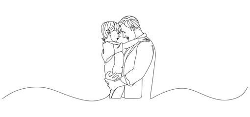 Minimalist one line drawing of a father holding his child closely, both touching foreheads with a tender and affectionate expression