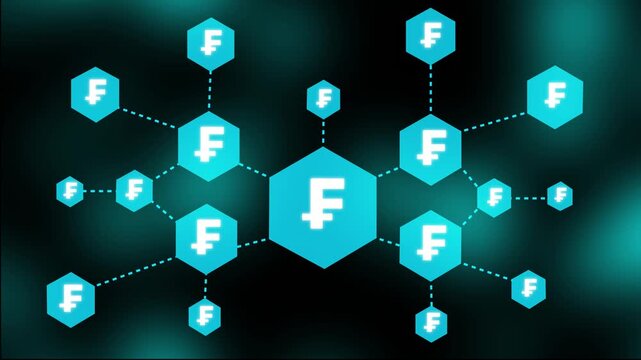 Illuminated Hexagonal Network of Swiss Franc Symbols on a Dark Teal Gradient Background currency finance