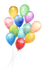 Watercolor illustration of colorful balloons. Festive hand-painted design with red, blue, green, yellow, and purple balloons tied together with strings. Perfect for birthday, party, holiday