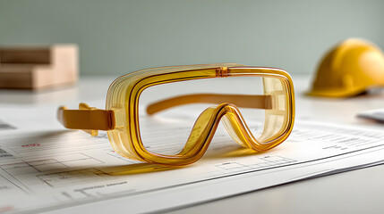 A safety goggles lying on a construction blueprint, the image evokes a sense of readiness and protection