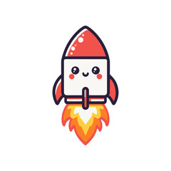 Cute cartoon rocket launching with a smiling face, colorful flames, and a cheerful vibe