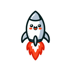 Cute cartoon rocket launching with a joyful expression against a white background