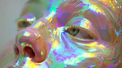 The face has a smooth, reflective surface that shimmers with an iridescent, rainbow-like gradient of colors, including purples, blues, yellows, and greens