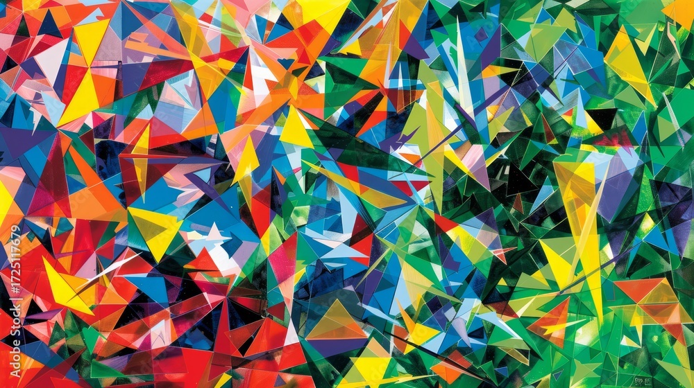 Poster the image showcases a vibrant and abstract geometric pattern filled with sharp, angular shapes