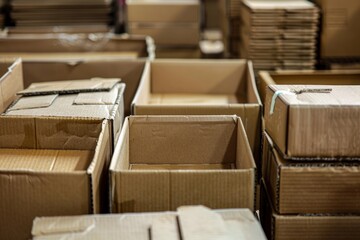 Empty cardboard boxes are stacked and stored in warehouse, ready for packaging and shipping