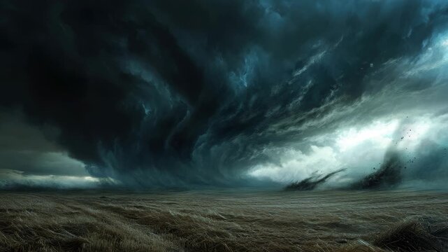 Dramatic storm clouds over vast field highlight the power of a tornadic supercell system, Storm clouds over field, tornadic supercell, extreme weather, dangerous storm