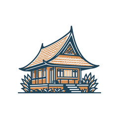 Traditional wooden house with intricate roof design surrounded by lush greenery