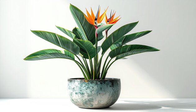 Lush bird of paradise plant in a wide, mottled grey-blue pot, bathed in soft sunlight against a bright white background