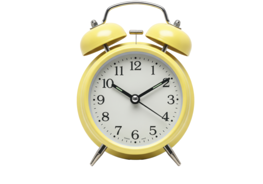 Isolated yellow alarm clock, retro style, time telling, classic design, timepiece equipment