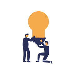 Two individuals collaborating to lift a large light bulb, symbolizing teamwork and innovation