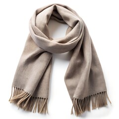 A warm, neutral beige scarf with fringe isolated on a white background