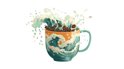 A coffee mug with The Great Wave off Kanagawa design, giving a traditional Japanese aesthetic