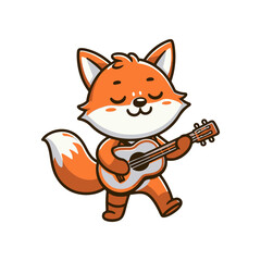 Playful cartoon fox joyfully strumming a guitar, set against a simple white background