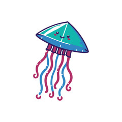 Playful cartoon jellyfish with colorful tentacles swimming in a vibrant ocean scene