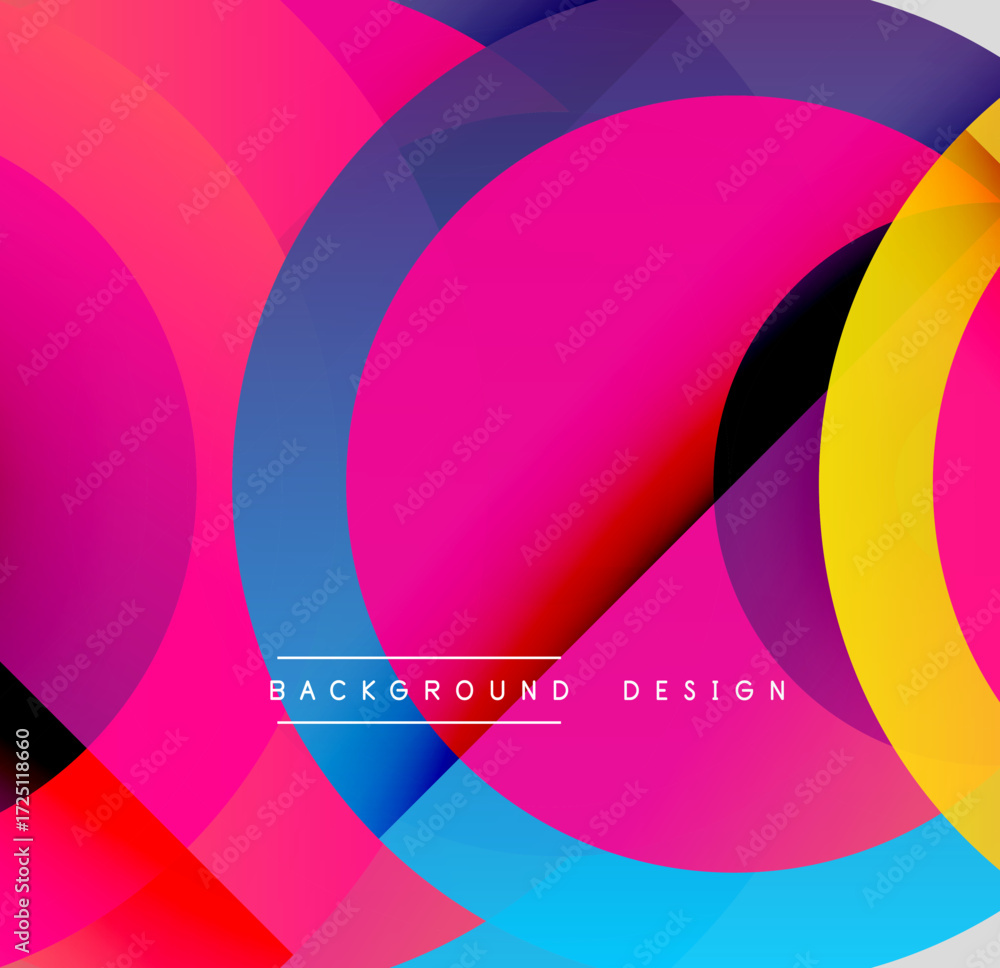 Poster abstract colorful layers create dynamic visual effect. overlapping circles, triangles form modern ba