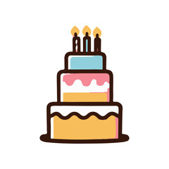 Three-tiered birthday cake with colorful frosting and candles on top, celebratory setting
