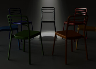 Fototapeta premium Highlighted Chair in Circle Under Spotlight on Dark Background