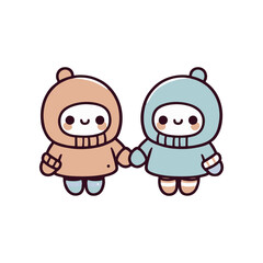 Two cute cartoon characters in winter clothing holding hands, smiling in a snowy background