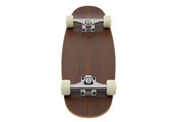 Isolated brown wooden skateboard with off-white wheels for street sport and recreation