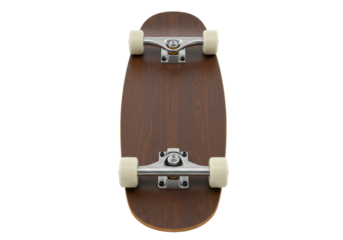 Isolated brown wooden skateboard with off-white wheels for street sport and recreation
