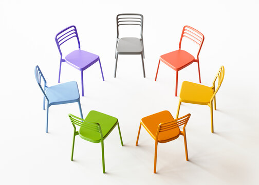 Circle of Colorful Plastic Chairs for Group Meetings