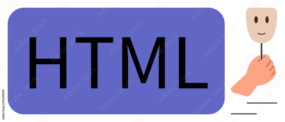 Poster html text in bold within a rectangle alongside a hand holding a smiling mask. ideal for technology, 