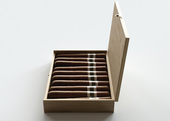 Wooden Box of Generic Unbranded Cigars on White Background