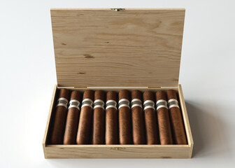 Wooden Box of Generic Unbranded Cigars on White Background