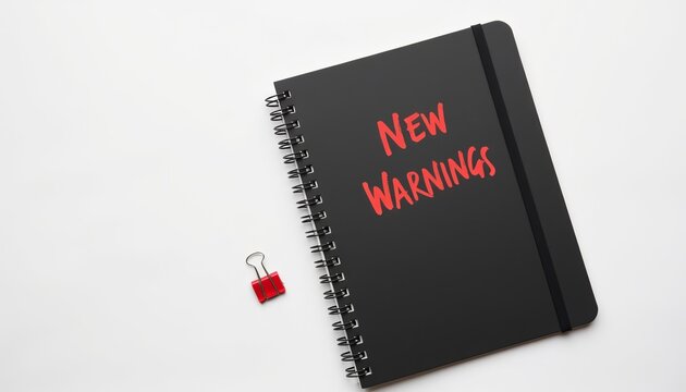 Black notebook with "New Warnings" text and red binder clip  