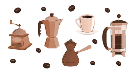 Coffee beverages icons set. Italian Macchiato pot, grinder, iced coffee, cezve and French press pot. Vector illustrations isolated on white.