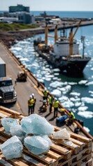 Workers manage shipping containers while vessels are docked, and icy patches float nearby under overcast skies
