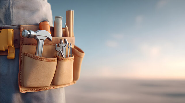 a close-up shot of a tool belt with various tools against the clear sky, ideal for construction and repair