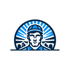 Worker wearing a cap against a backdrop of sun rays and buildings, symbolizing labor