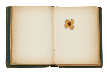 Isolated open antique book with pressed dried flower, aged book journal with blank pages
