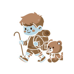 Young boy hiking with a teddy bear, carrying a backpack, enjoying nature on a sunny day
