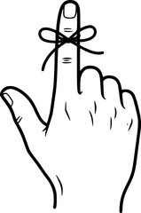 A hand with a string tied around the index finger, black and white icon