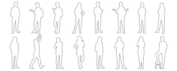Architectural Drawings Sketch Art Outline Standing Students with different pose vector illustration,  front view, human person Minimal style hand drawn. Sections, Elevations, Floor Plans